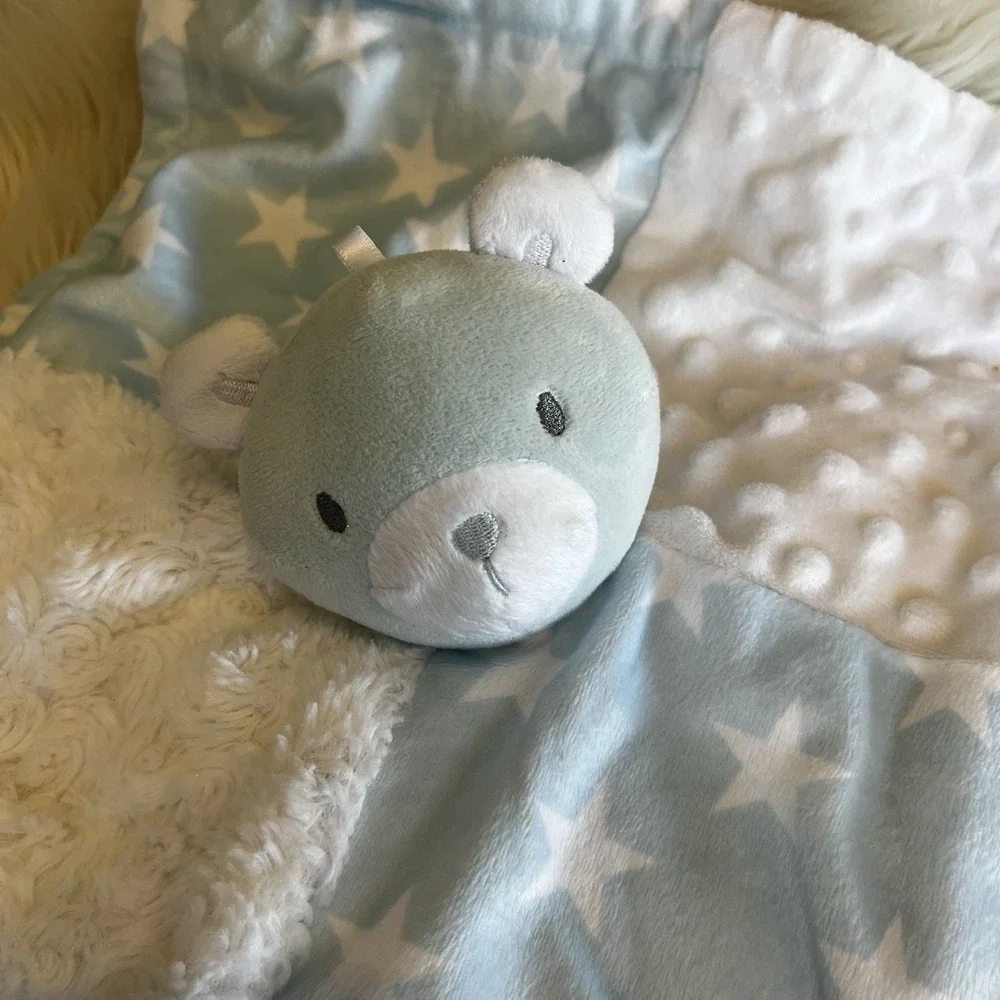 Baby Essentials Teddy Bear Plush Lovey Blue & White Stars Minky Security Blanket